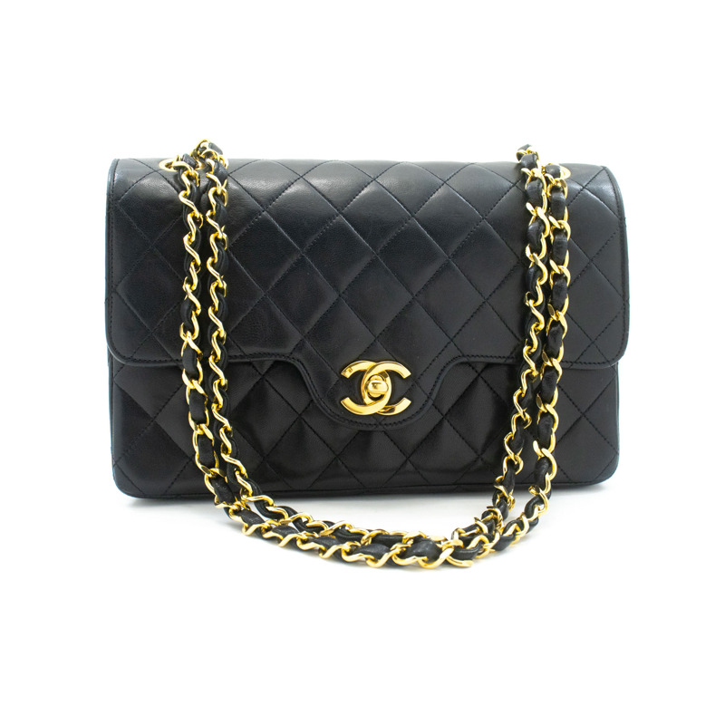 【日本直送】香奈兒經典雙蓋鏈條肩背包 黑色小羊皮菱格紋-1