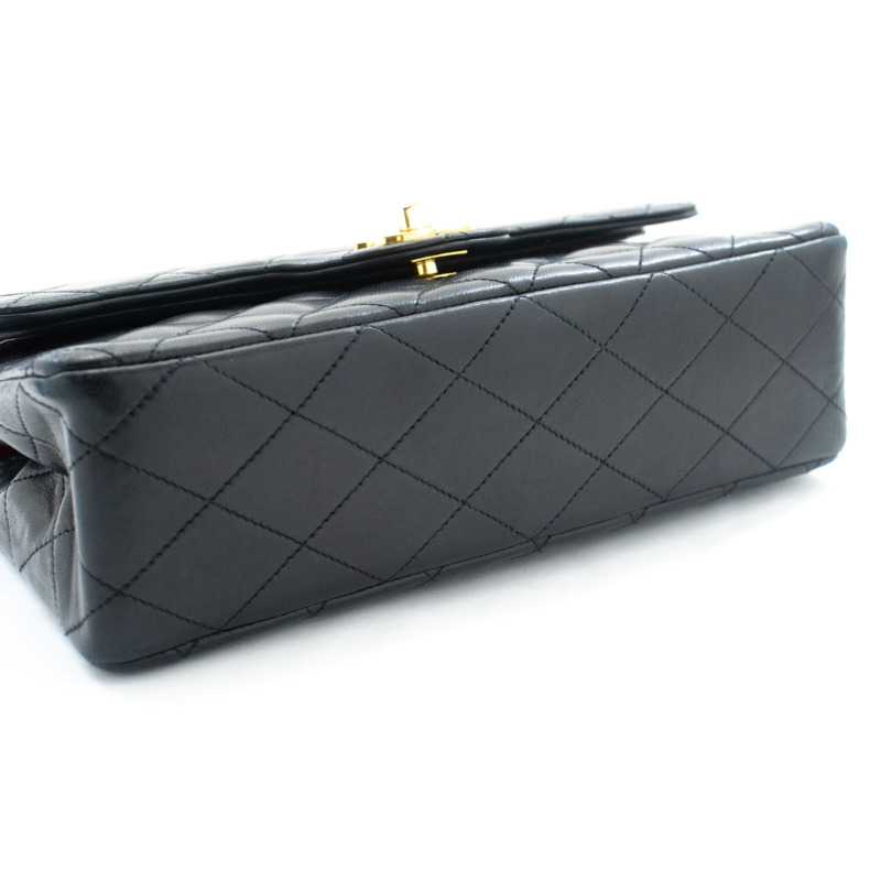 【日本直送】香奈兒經典雙蓋鏈條肩背包 黑色小羊皮菱格紋-3