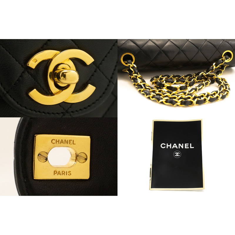 【日本直送】香奈兒經典雙蓋鏈條肩背包 黑色小羊皮菱格紋-6