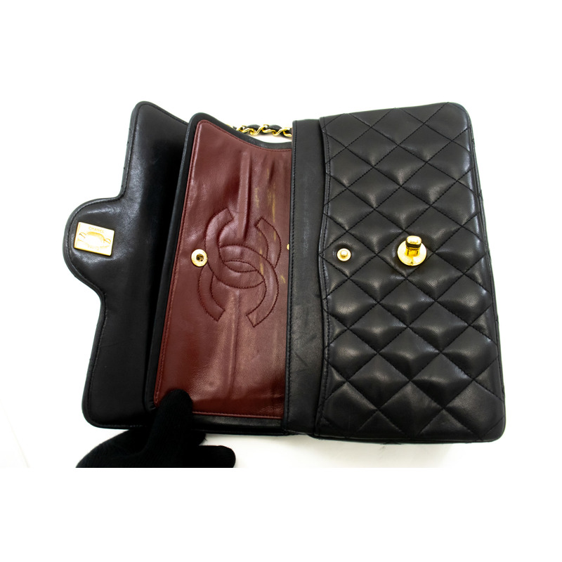 【日本直送】香奈兒經典雙蓋鏈條肩背包 黑色小羊皮菱格紋-10