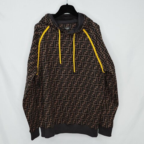 Fendi 芬迪 經典 FF  煙草棕色 黑色棉質平紋布 連帽運動上衣