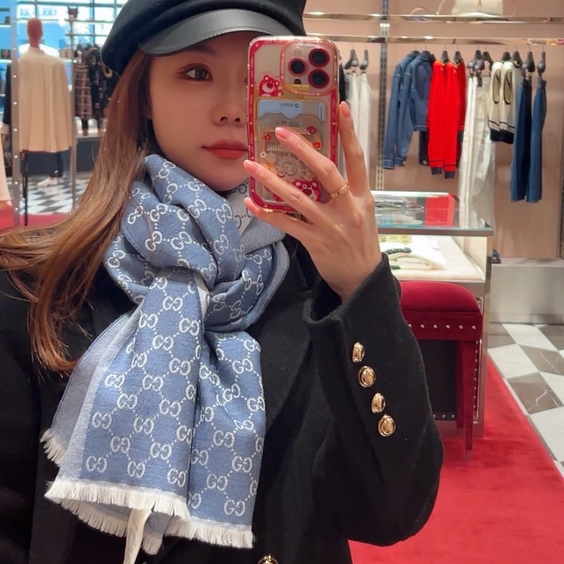 全新Gucci GG logo 雙面 羊毛圍巾 藍-0