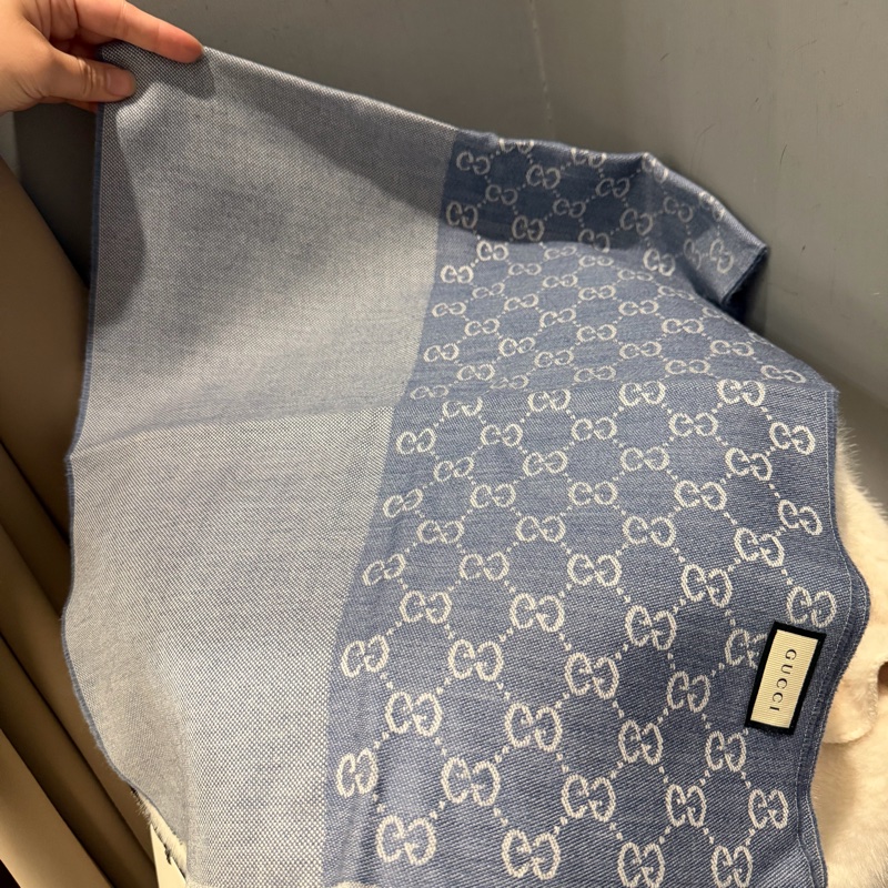 全新Gucci GG logo 雙面 羊毛圍巾 藍-2