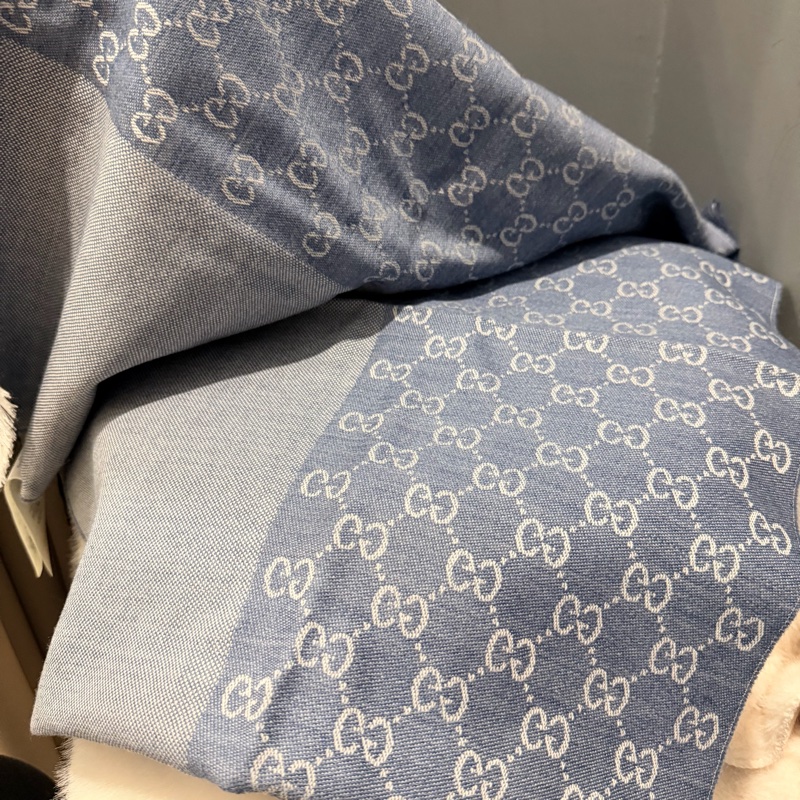 全新Gucci GG logo 雙面 羊毛圍巾 藍-3