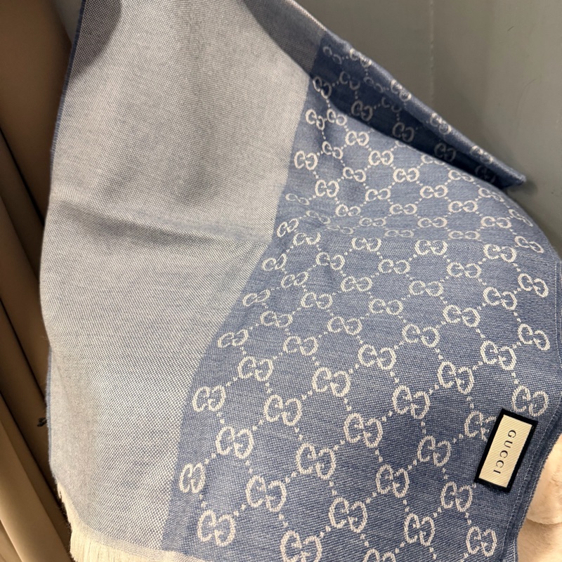 全新Gucci GG logo 雙面 羊毛圍巾 藍-5