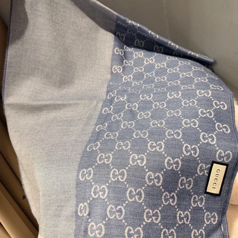 全新Gucci GG logo 雙面 羊毛圍巾 藍-6