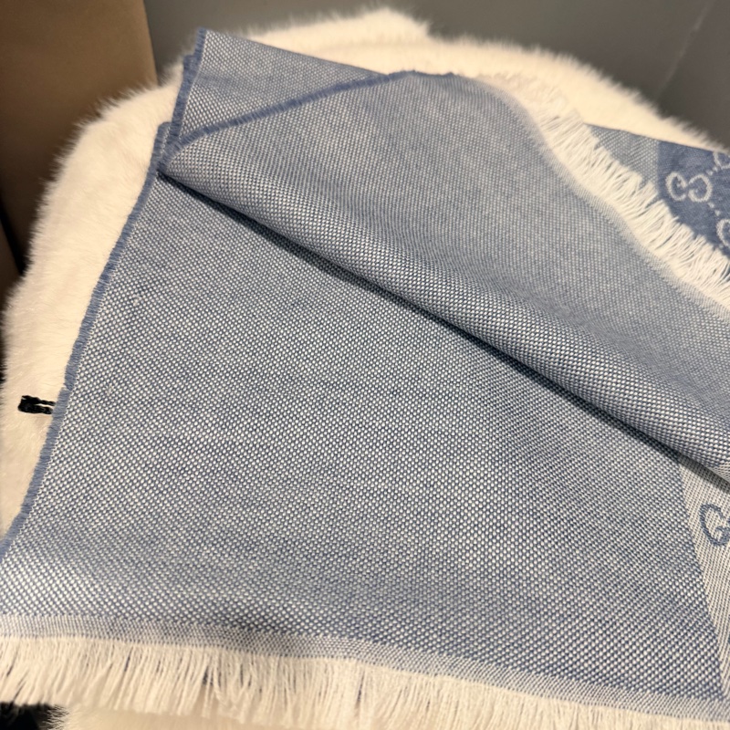全新Gucci GG logo 雙面 羊毛圍巾 藍-7