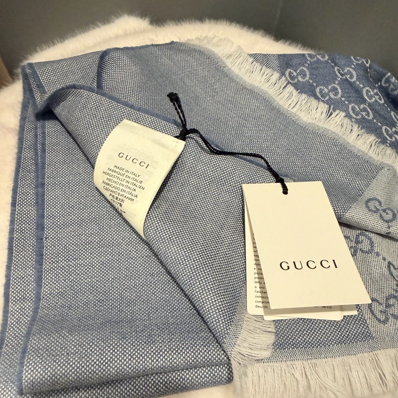 全新Gucci GG logo 雙面 羊毛圍巾 藍-8