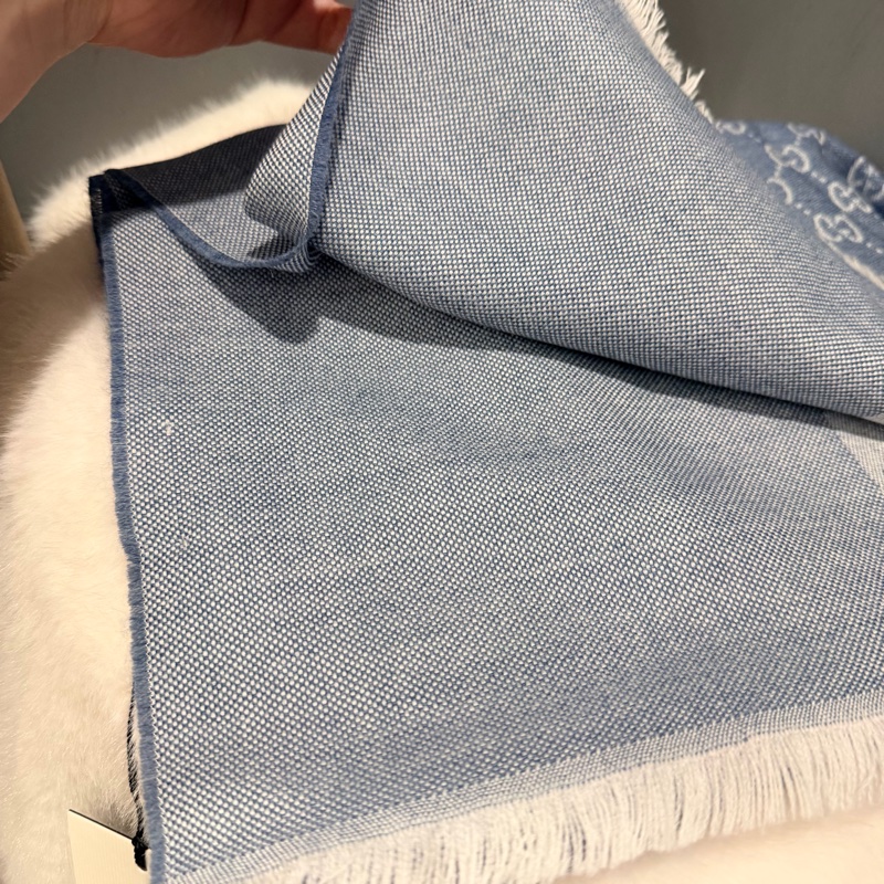 全新Gucci GG logo 雙面 羊毛圍巾 藍-9