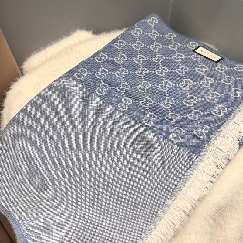 全新Gucci GG logo 雙面 羊毛圍巾 藍-10