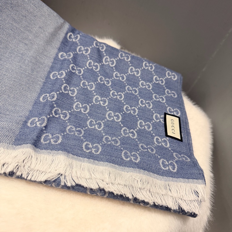 全新Gucci GG logo 雙面 羊毛圍巾 藍-11