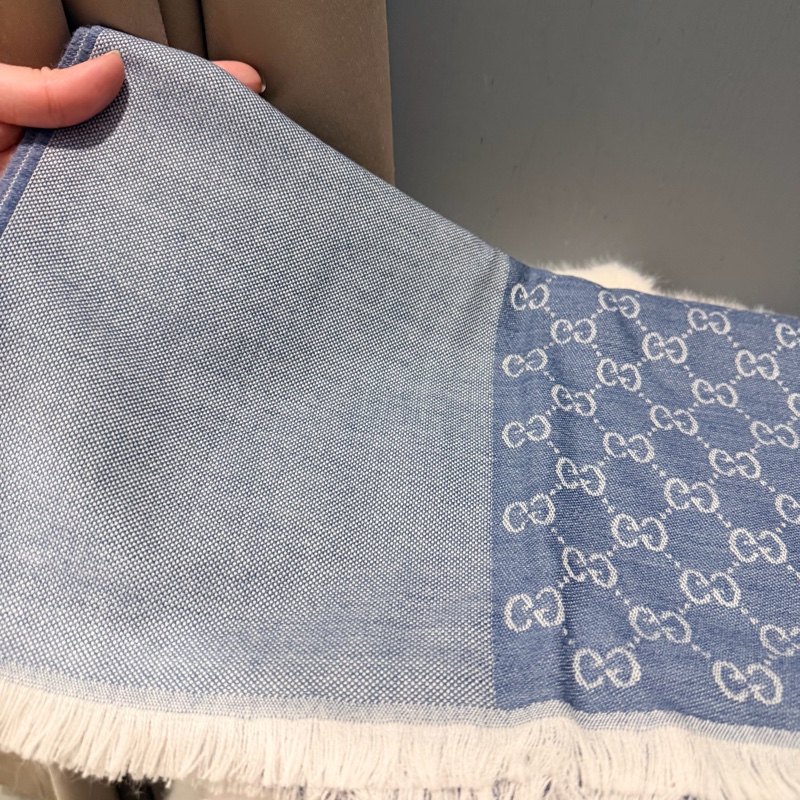 全新Gucci GG logo 雙面 羊毛圍巾 藍-12