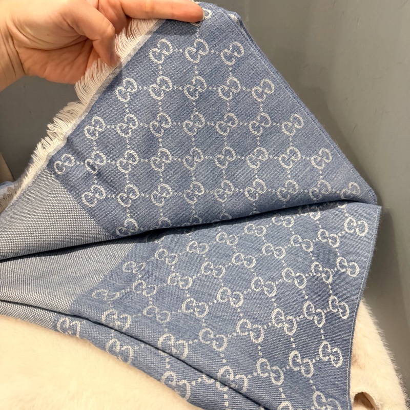 全新Gucci GG logo 雙面 羊毛圍巾 藍-13