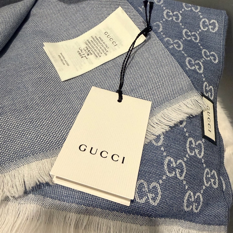 全新Gucci GG logo 雙面 羊毛圍巾 藍-19
