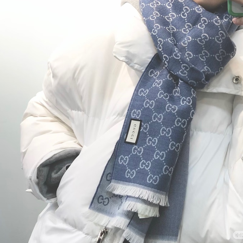 全新Gucci GG logo 雙面 羊毛圍巾 藍-22