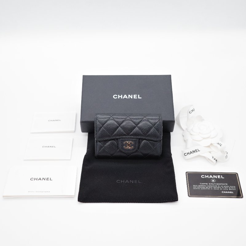 Chanel 香奈兒 經典翻蓋 黑色 魚子醬小牛皮 卡片夾 零錢包-0