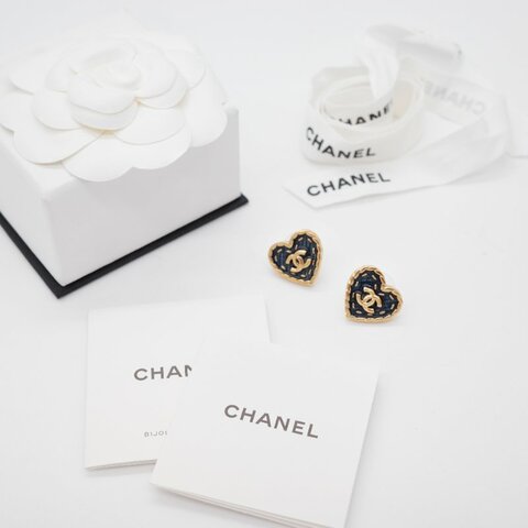 Chanel 香奈兒 24P CC 愛心復古丹寧琺瑯  金色 藍色耳針式耳環