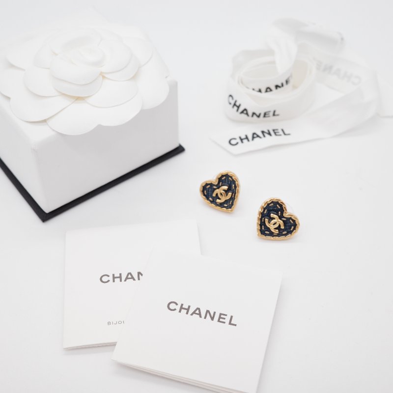 Chanel 香奈兒 24P CC 愛心復古丹寧琺瑯  金色 藍色耳針式耳環-0