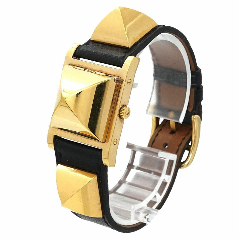 愛馬仕 Medor 女士金字塔金鉚釘腕錶,白色和黑色皮革錶帶,石英機芯-1