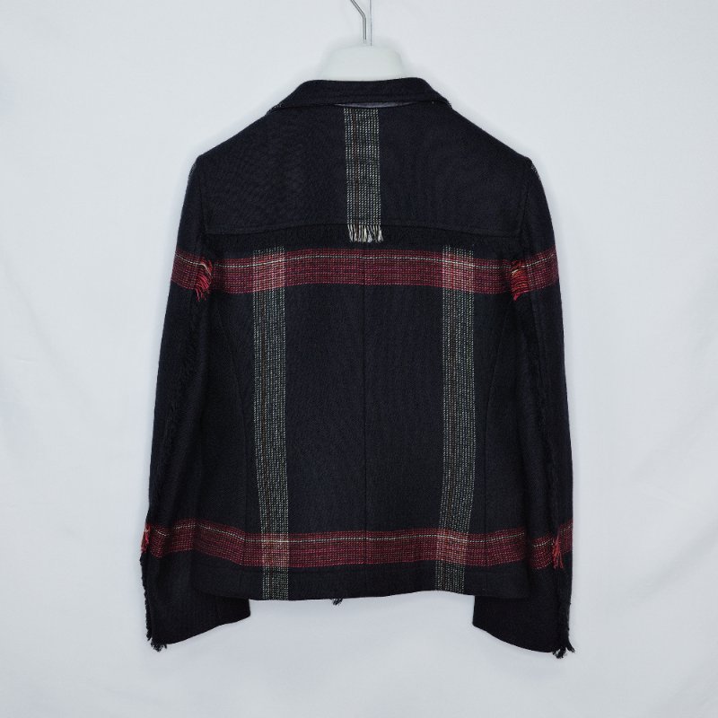 Hermès 愛馬仕 2020 秋冬黑紅白格紋 羊毛拼黑色小羊皮 騎士外套-1