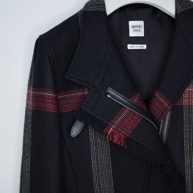 Hermès 愛馬仕 2020 秋冬黑紅白格紋 羊毛拼黑色小羊皮 騎士外套-2