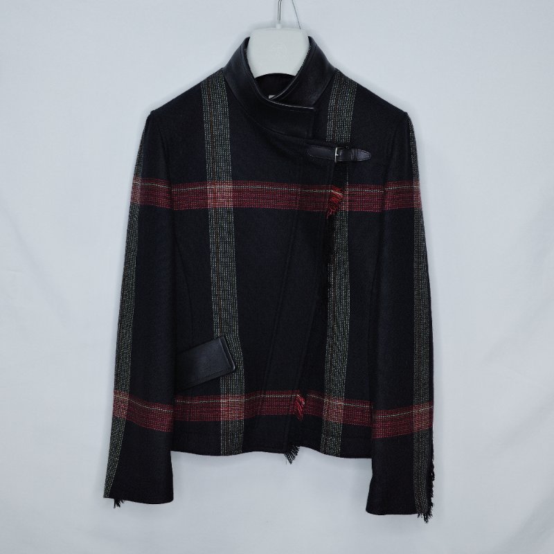Hermès 愛馬仕 2020 秋冬黑紅白格紋 羊毛拼黑色小羊皮 騎士外套-3