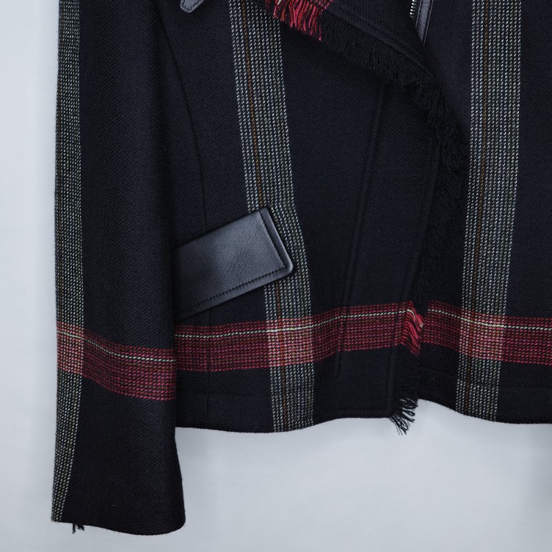 Hermès 愛馬仕 2020 秋冬黑紅白格紋 羊毛拼黑色小羊皮 騎士外套-7