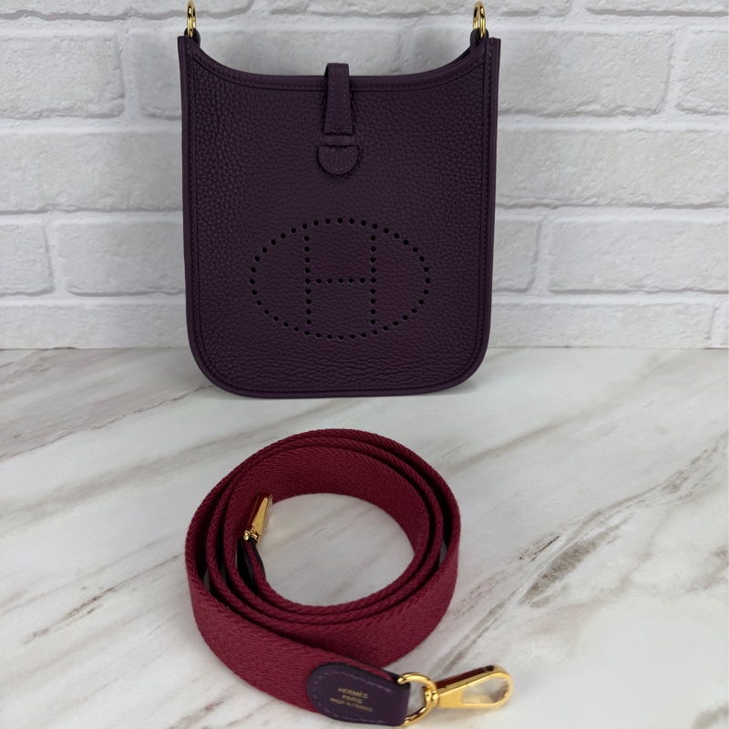 愛馬仕 Hermès Mini Evelyne 16 黑加崙紫金釦 /石榴紅色背帶-3