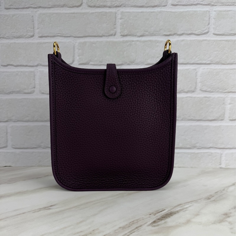 愛馬仕 Hermès Mini Evelyne 16 黑加崙紫金釦 /石榴紅色背帶-4