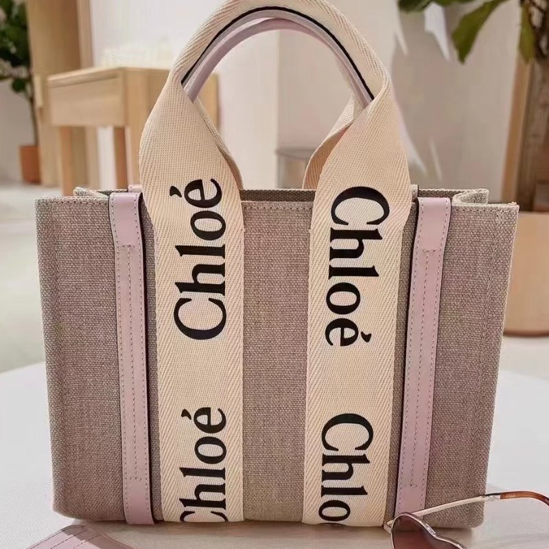 CHLOE粉紫色牛皮亞麻帆布小號WOODY手提側背包-1