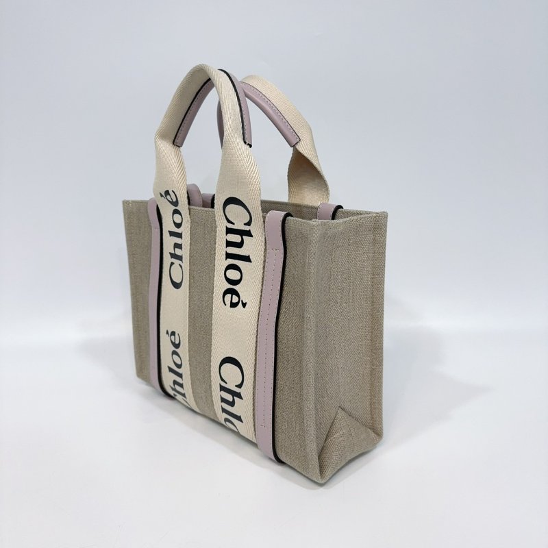 CHLOE粉紫色牛皮亞麻帆布小號WOODY手提側背包-2