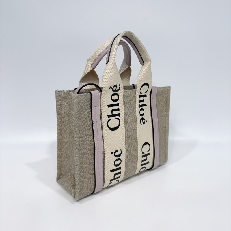 CHLOE粉紫色牛皮亞麻帆布小號WOODY手提側背包-3