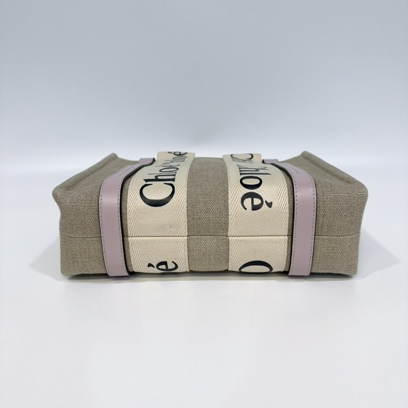 CHLOE粉紫色牛皮亞麻帆布小號WOODY手提側背包-4