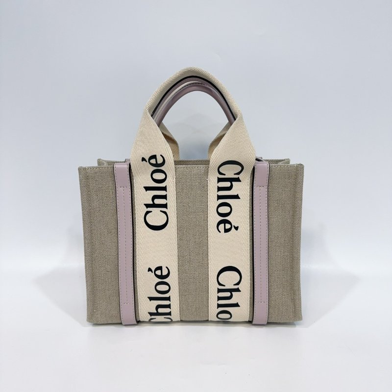 CHLOE粉紫色牛皮亞麻帆布小號WOODY手提側背包-5