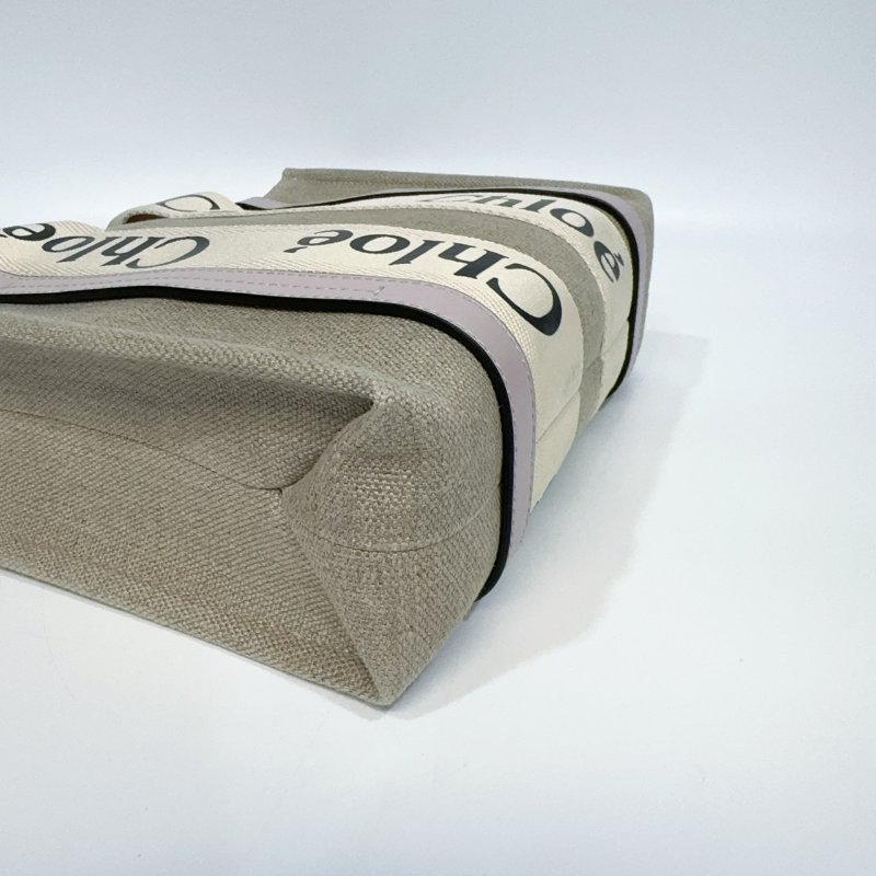 CHLOE粉紫色牛皮亞麻帆布小號WOODY手提側背包-6