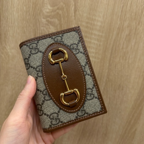 Gucci PVC咖牛皮1955金釦短夾