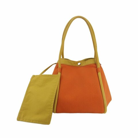 Hermes拼色按扣手提包帆布黃色橙色銀扣