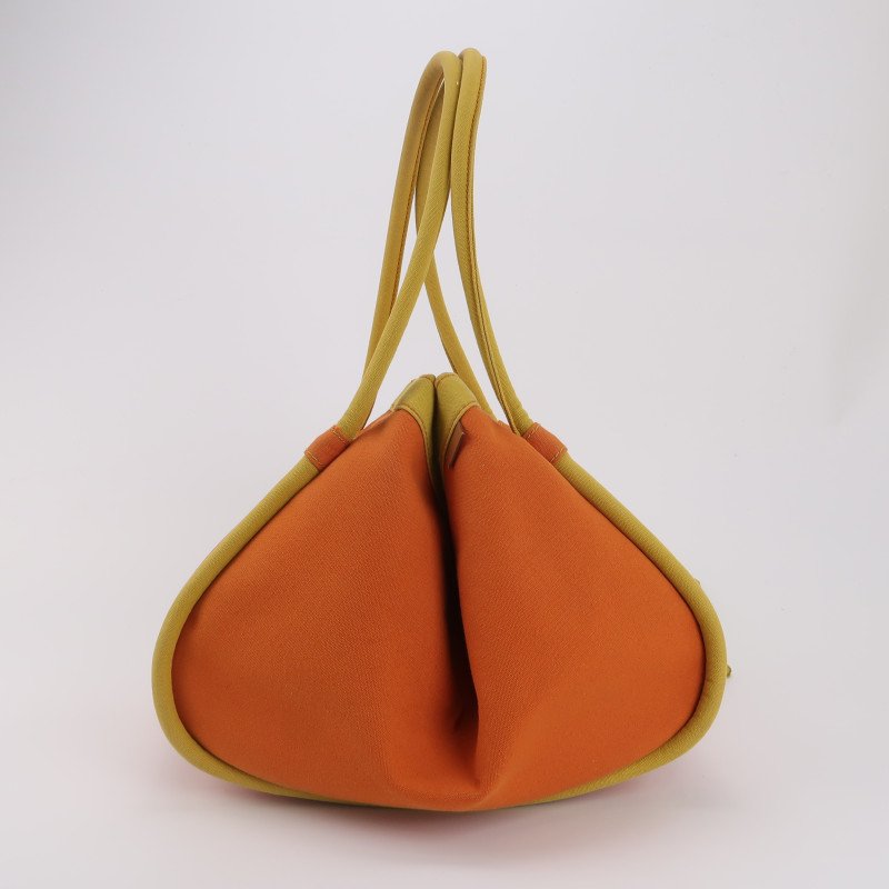 Hermes拼色按扣手提包帆布黃色橙色銀扣-3