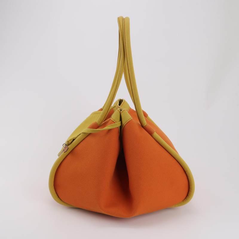 Hermes拼色按扣手提包帆布黃色橙色銀扣-4