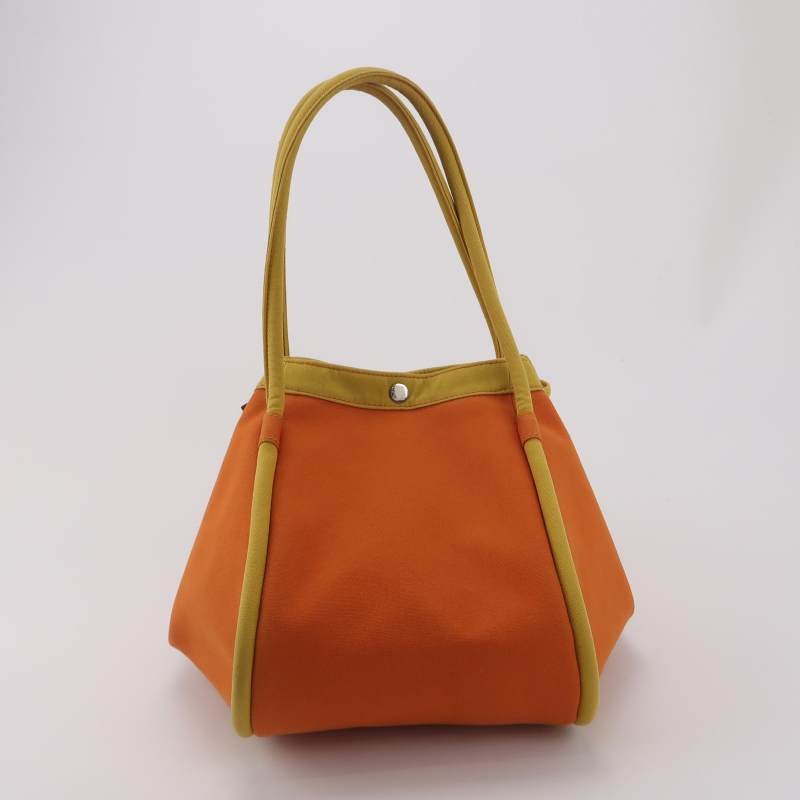 Hermes拼色按扣手提包帆布黃色橙色銀扣-5