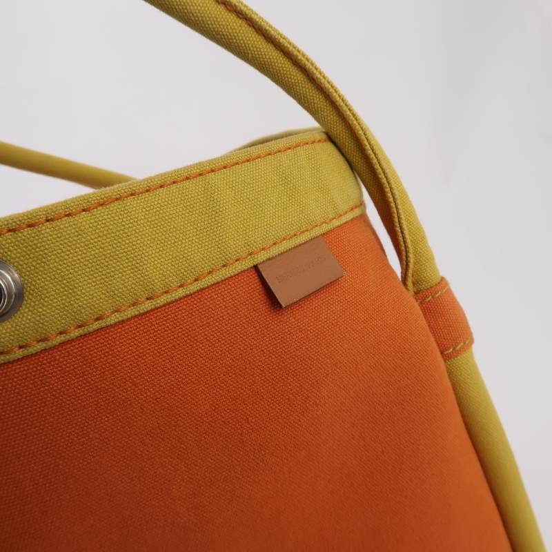 Hermes拼色按扣手提包帆布黃色橙色銀扣-8