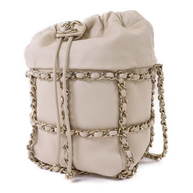 CHANEL 羊皮皮革Drawstring Bag金扣鏈帶肩背袋-2