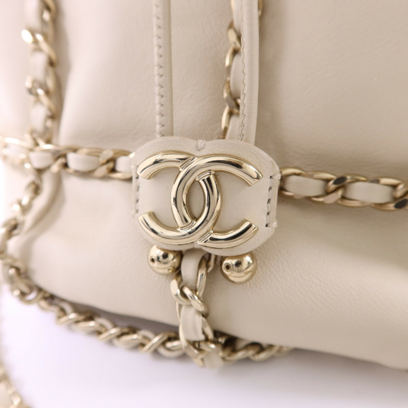 CHANEL 羊皮皮革Drawstring Bag金扣鏈帶肩背袋-8