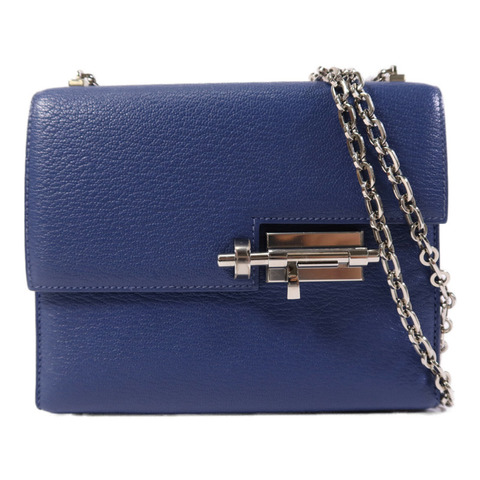 HERMES Chevre皮革Verrou Mini銀扣鏈帶肩背袋Bleu Brighton