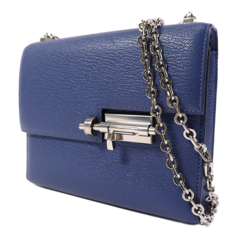 HERMES Chevre皮革Verrou Mini銀扣鏈帶肩背袋Bleu Brighton-2