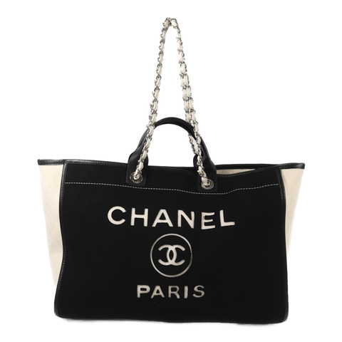 CHANEL 羊毛/皮革Deauville Tote Bag銀扣鏈帶手挽袋