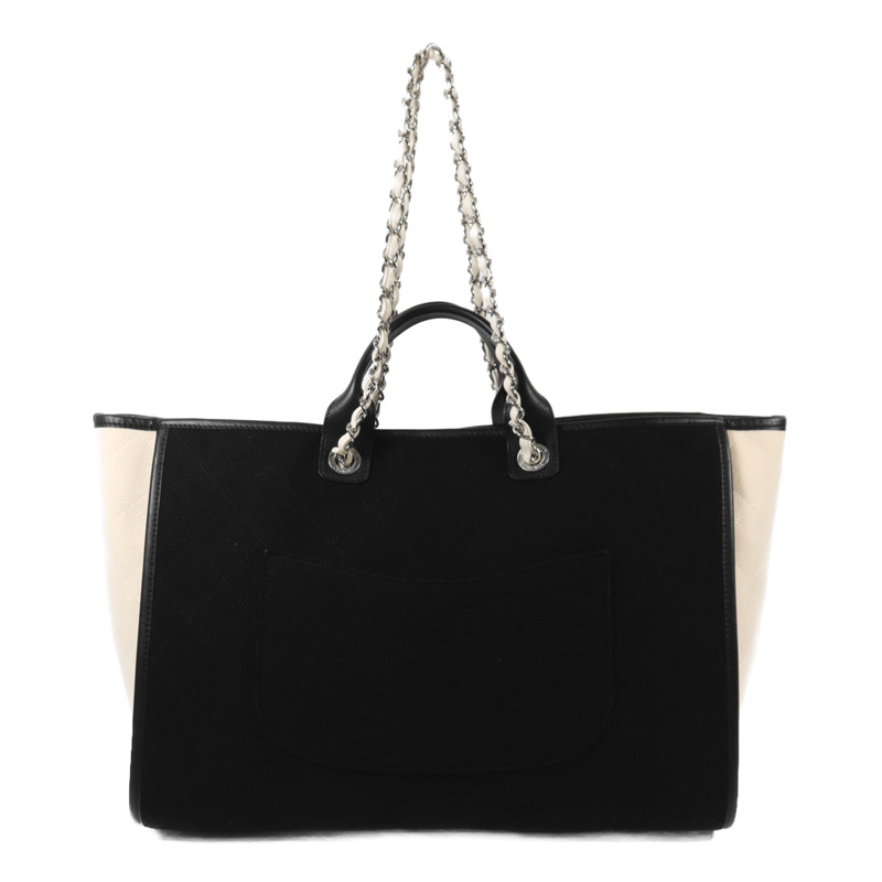 CHANEL 羊毛/皮革Deauville Tote Bag銀扣鏈帶手挽袋-1