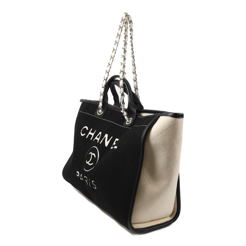CHANEL 羊毛/皮革Deauville Tote Bag銀扣鏈帶手挽袋-2