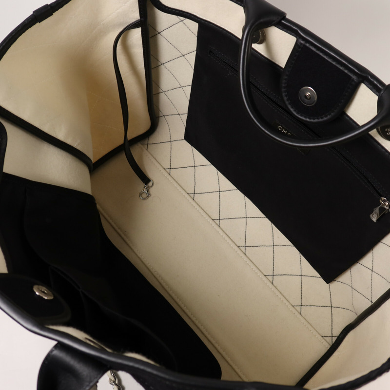 CHANEL 羊毛/皮革Deauville Tote Bag銀扣鏈帶手挽袋-4