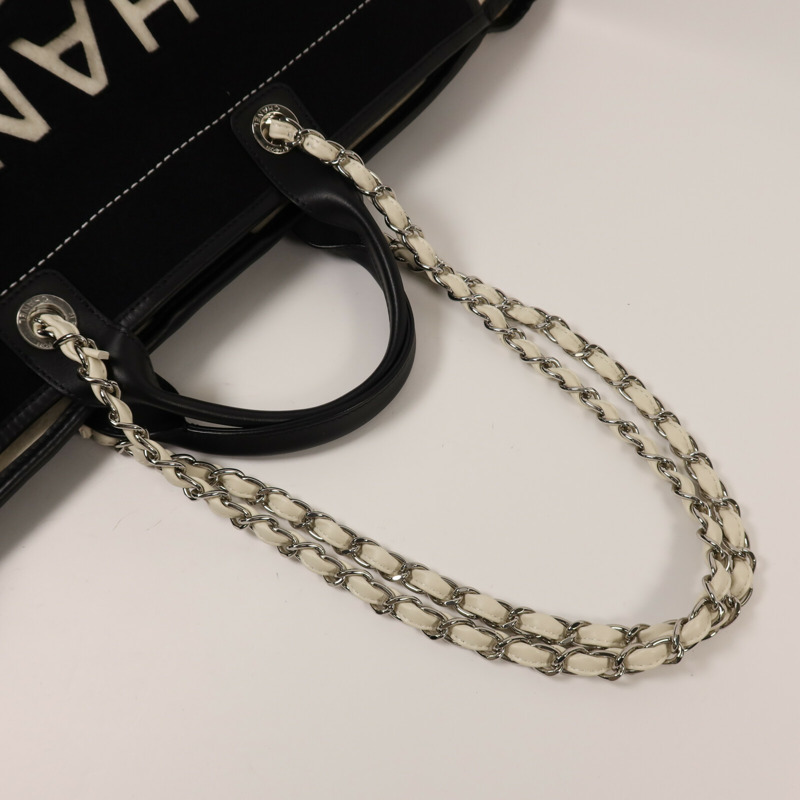 CHANEL 羊毛/皮革Deauville Tote Bag銀扣鏈帶手挽袋-7